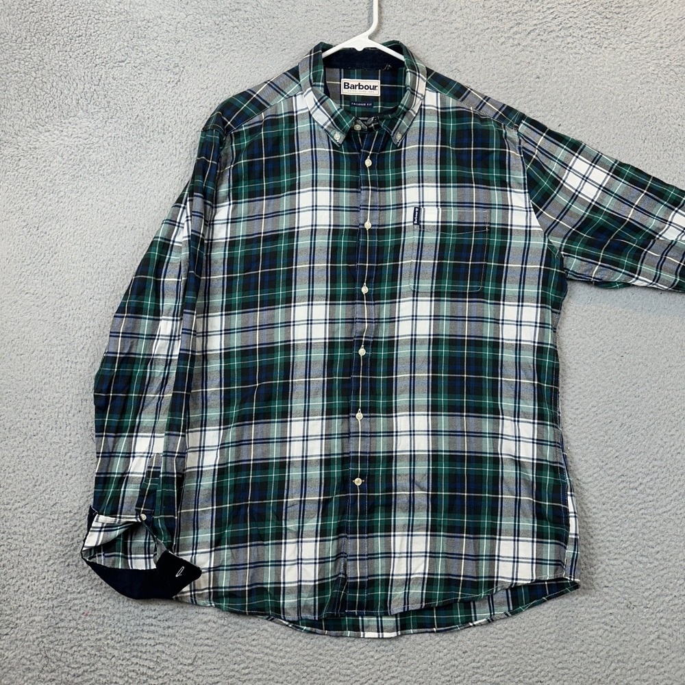Barbour Shirt Mens Large Highland Check 20 Green Button-Down Flip Corduroy Cuff